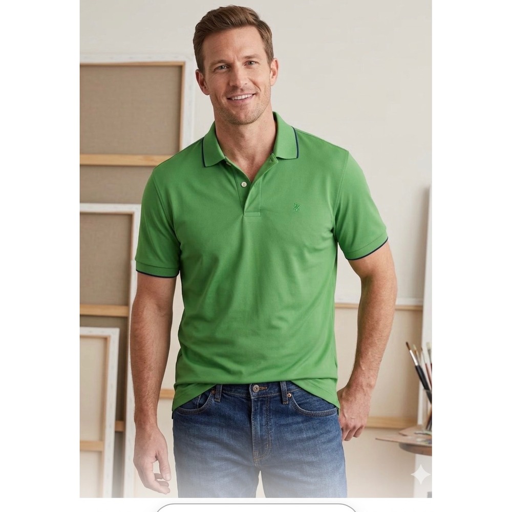 IZOD Performance Mens Green Pique Polo Shirt Short Sleeve Navy Tipped Large NWT